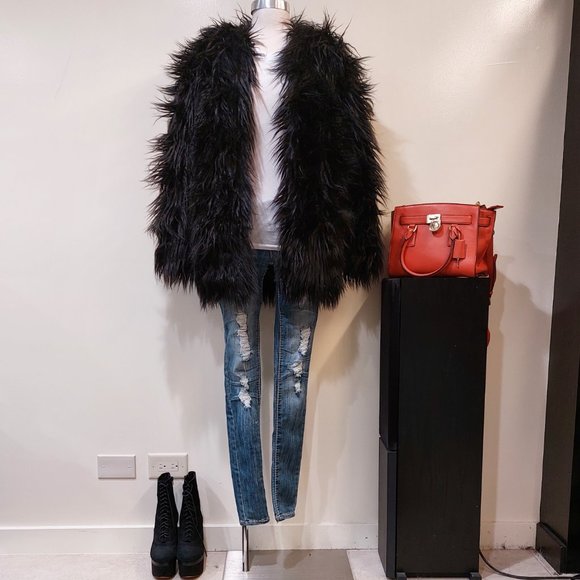 💋BOHO CHIC💋 GORGEOUS Black Faux Fox Fur Jacket - Picture 7 of 16